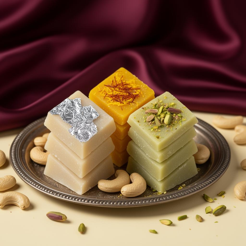 Kaju Katri — Plain, kesar, pista, silver-leaf.