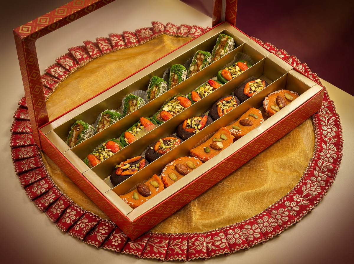 Dry Fruit Sweets — Anjeer barfi, kaju roll, dry-fruit ladoo.
